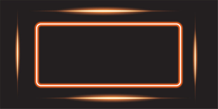 Orange neon rectangle frame with glowing light flares on dark background