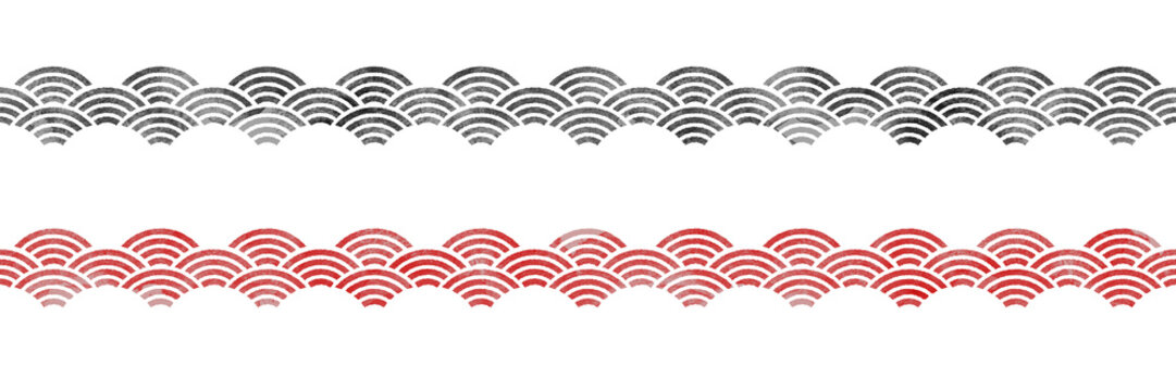 Traditional Japanese seigaiha wave seamless pattern border in gray and red, featuring repeating semicircular ocean waves, textured brush strokes, and elegant oriental decorative design 