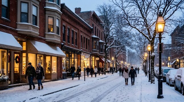 Snowy street scene in a town with people walking and decorated buildings during winter