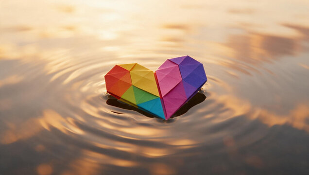 Rainbow Origami Heart Floating on Water at Sunset
