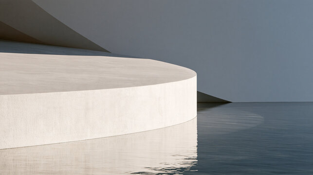 Minimalist White Concrete Podium Over Water for Product Display