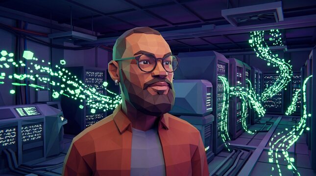 Low Poly IT Specialist in Server Room with Glowing Data