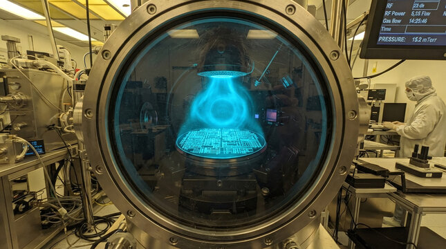 Cyan glowing plasma in deep reactive ion etching chamber processing silicon wafer