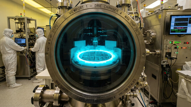 Cyan glowing plasma in deep reactive ion etching chamber processing silicon wafer