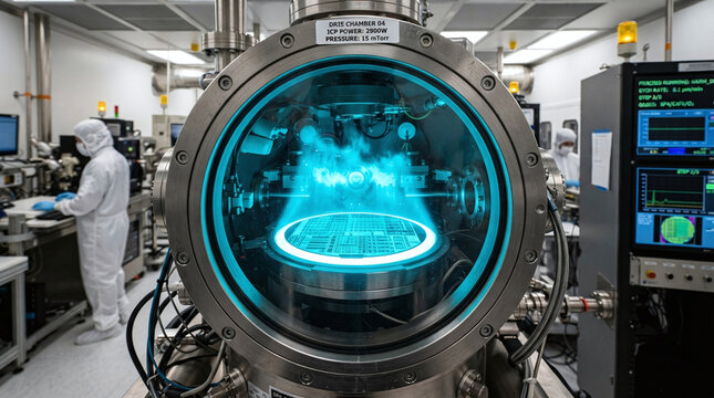 Cyan glowing plasma in deep reactive ion etching chamber processing silicon wafer