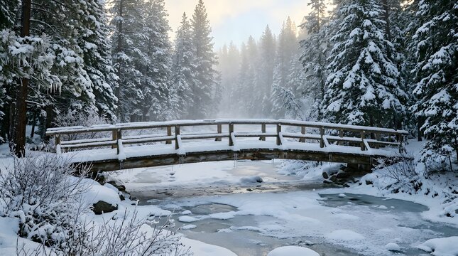 Snowy winter landscape with wooden bridge over frozen stream scenic forest background