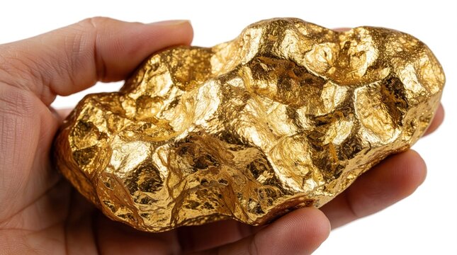 Human hand holds massive raw gold nugget against white background. Large shiny gold ore piece represents wealth, precious metal, luxury. Valuable treasure found in mining process shows success,