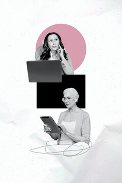Creative composite sketch artwork collage of two aged owman work laptop tablet business analytics strategy teamwork corporate meeting