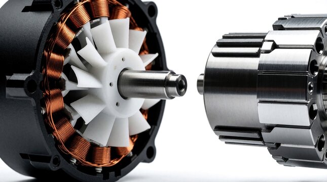 Close up of disassembled brushless electric motor. Copper wire coils, white cooling fan attached to metal shaft. Detached rotor part sits nearby on white background. Technical view of high tech