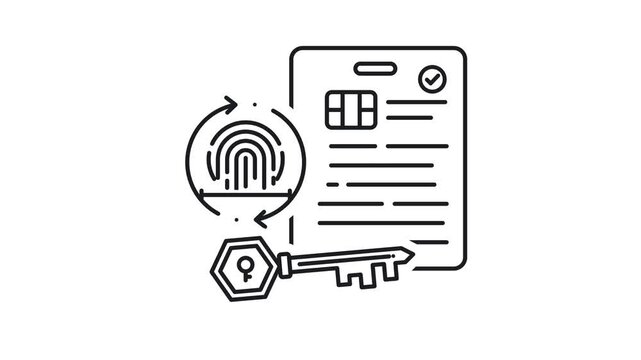 Line Art Animation of Fingerprint Scanning with ID Card and Key