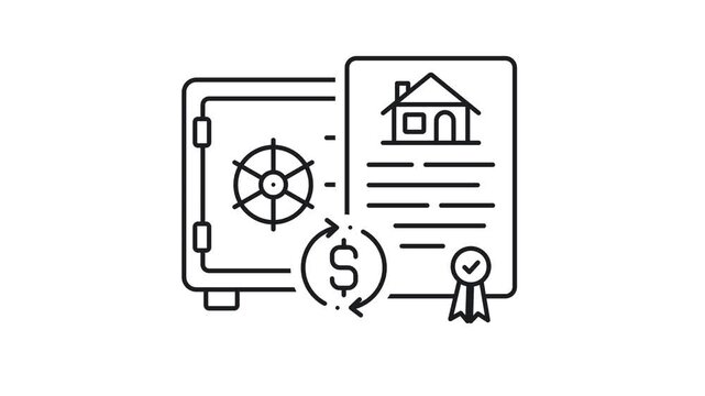 Bank Safe Vault and Real Estate Property Deed Animated Line Icon