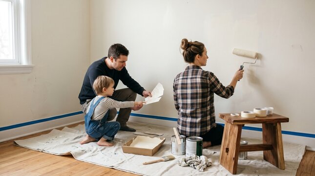 Parents and child working together to decorate a bedroom with paint and color samples.