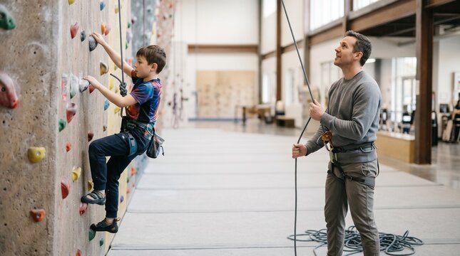 Parent supporting a child during a supervised indoor climbing session at a modern sports facility.