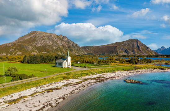 Scenic rural landscape along road 815 on the east coast of the Lofoten Islands