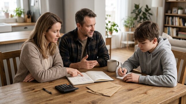Parents helping a teenager understand budgeting, savings, and household financial planning.