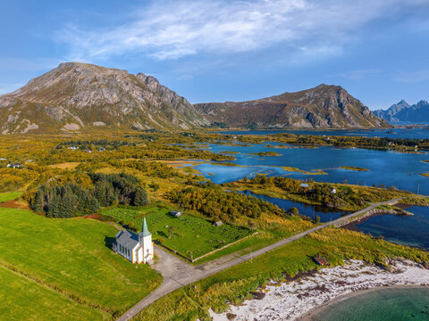 Scenic rural landscape along road 815 on the east coast of the Lofoten Islands