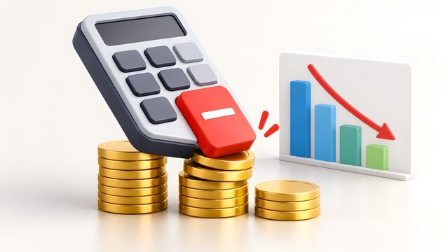 Calculator with red minus button crushing stacks of gold coins next to a downward trending chart, representing financial loss, inflation, and economic downturn.