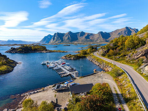 Scenic Lofoten east coast along Fylkesvei 815 with rugged mountains