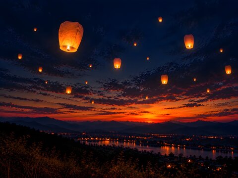 Sky Lanterns Floating in Night Sky at Sunset