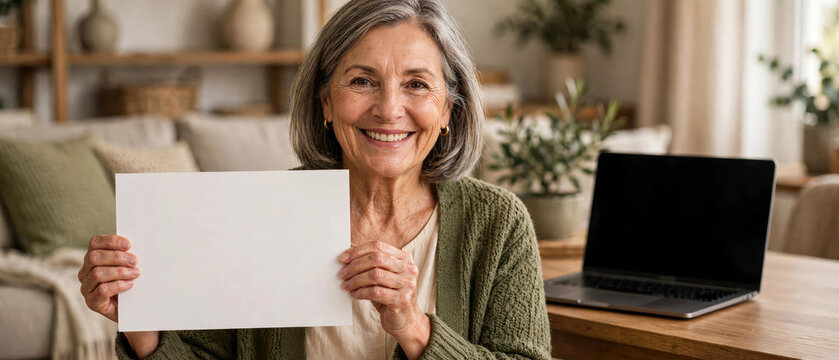 Smiling Senior Woman Holding Blank White Paper with Copy Space, Presenting a Message or Advertisement in Her Cozy Home