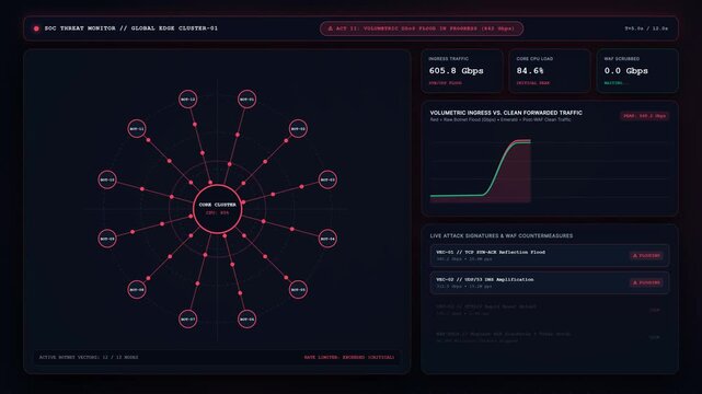 DDoS botnet attack and firewall mitigation on a network dashboard