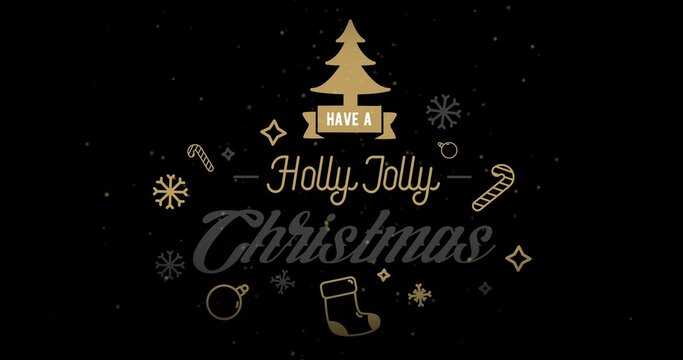 Displaying central holiday greeting on black background, featuring gold tree ribbon and small icons