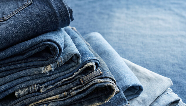 Stack of folded vintage blue denim fabric layers showing textured jeans clothing material closeup background