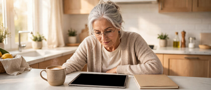 Senior woman using digital tablet while drinking coffee in a bright modern kitchen at home