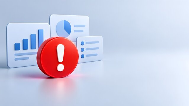 3D render of a red warning alert sign in front of business charts and graphs, symbolizing financial risk, poor performance, or data error.