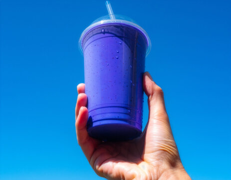 Clear purple smoothie cup mockup held against blue sky