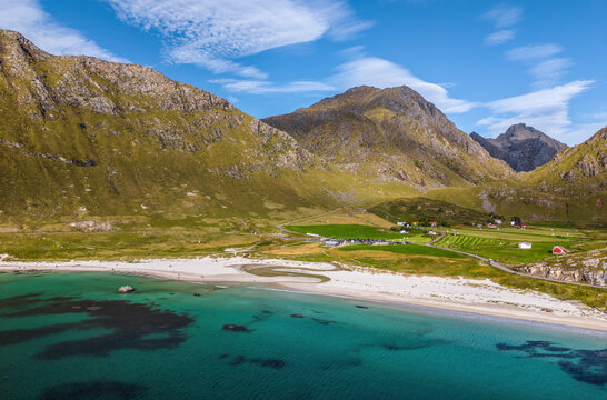 Aerial view of Haukland Beach with  rugged mountains in the Lofoten Islands
