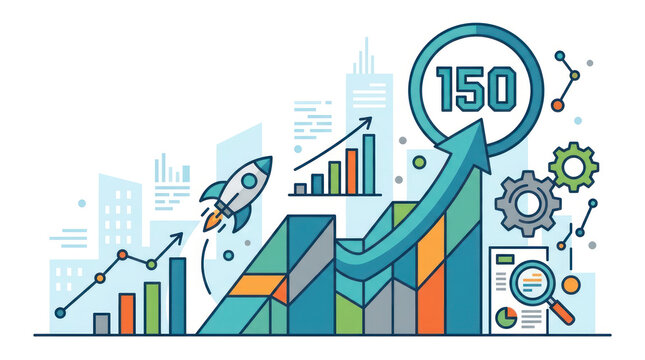 150 milestone growth chart with rocket city skyline analytics