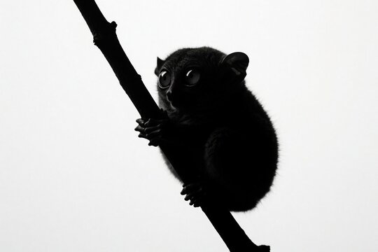 Silhouette of cute tarsier primate clinging to tree branch. Small mammal with large eyes sits on wood in dark contrast. Wild animal nocturnal creature looks around in nature. Minimalist black, white