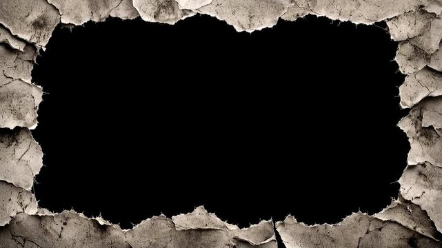 Animated torn paper border with rough ripped edges and floating paper fragments surrounding a black background, vintage distressed paper frame with empty center and copy space