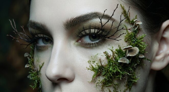 acro shot of an eye featuring intricate nature-inspired makeup. Real moss, tiny mushrooms, and delicate twigs form the eyelashes and decorate the cheek for a forest-spirit look.