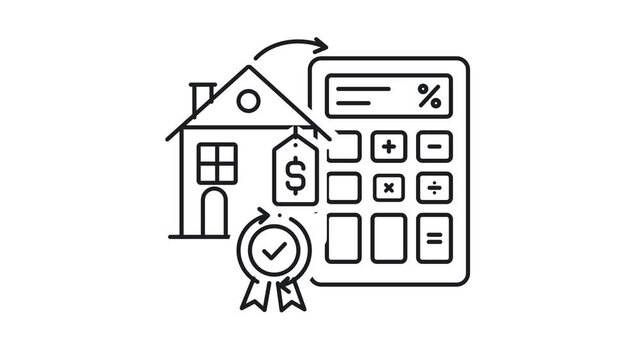 Animated icon of mortgage calculator house and loan approval badge