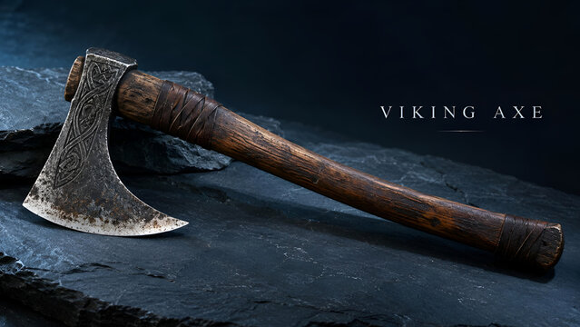 A beautifully crafted Viking axe resting on a dark stone surface, showcasing intricate details and historical significance, perfect for collectors and enthusiasts.