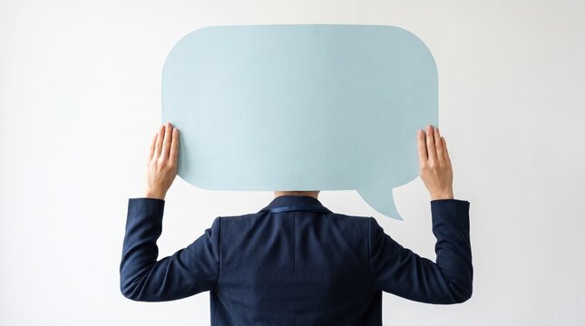 Business person holding blank blue speech bubble sign against a white wall background