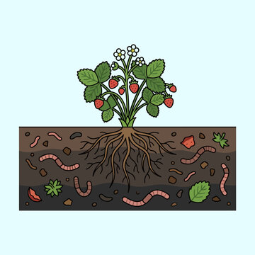 Strawberry plant with red berries and green leaves growing in soil cross section with earthworms and roots in a flat vector illustration style
