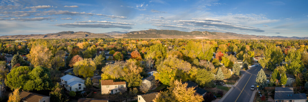 Fort Collins and foothills of Rocky Mountains in Colorado - aerial panorama of October morning scenery