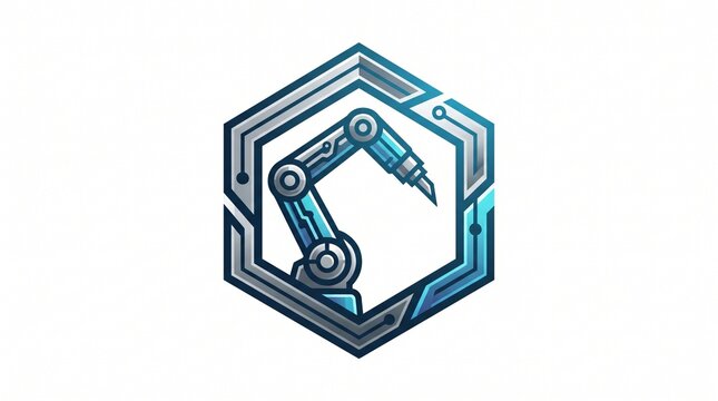 Hexagonal industrial emblem featuring a stylized robotic arm, representing automated manufacturing, precision robotics, smart factories, and industrial engineering