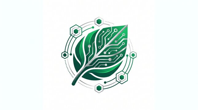 Modern green leaf emblem with digital geometric details, representing smart agriculture, precision farming, agricultural technology, crop monitoring, and sustainable food production