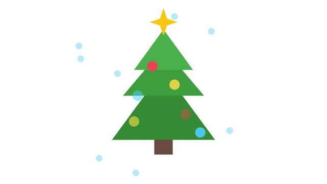 Christmas tree with twinkling lights and falling snow, flat vector seamless loop animation on white background