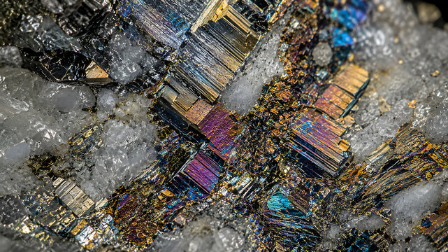 Iridescent metallic crystal texture with pyrite and quartz macro detail