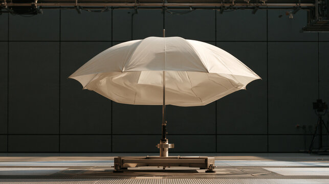 Aerodynamic study of airflow around an open umbrella in strong wind, umbrella mounted on a force-measuring rig inside a laboratory test chamber, fabric panels visibly deforming