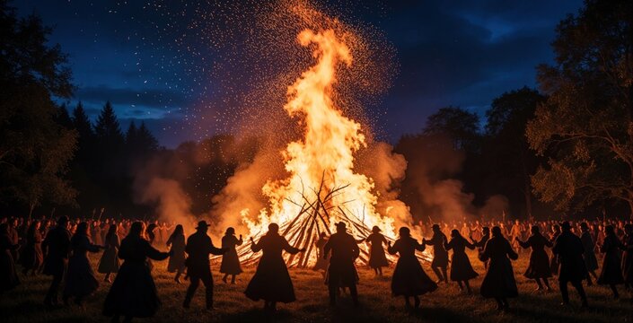 People dance around huge bonfire at Walpurgis Night festival in Germany. Group of friends celebrate spring arrival with traditional fire ritual under night sky. Community gathering enjoy music,