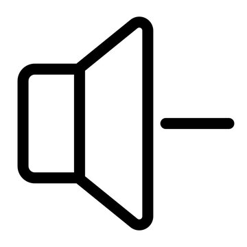 Speaker volume down icon with minus sign, black outline decrease sound button symbol for audio and media player