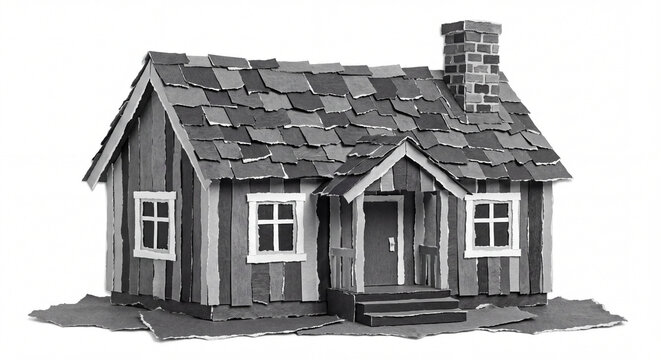 Traditional Scandinavian Timber Cottage Ripped Paper Craft Illustration Isolated on White Background, Monochrome Nordic Torn Paper Architecture