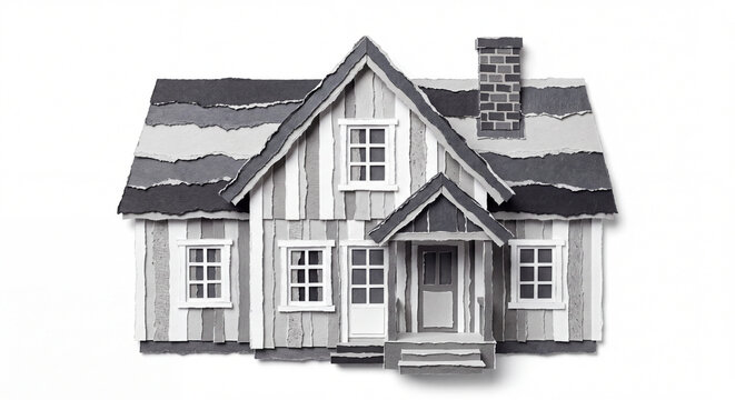 Traditional Scandinavian Timber Cottage Ripped Paper Craft Illustration Isolated on White Background, Monochrome Nordic Torn Paper Architecture