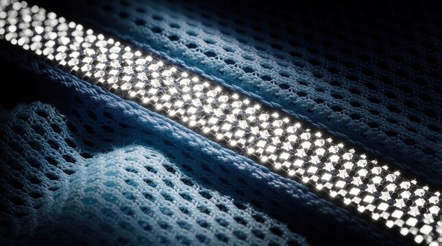 Close up of blue mesh fabric with reflective silver stripe. High vis material for safety clothing. Textured synthetic textile pattern with light shining on glowing strip. Breathable sports gear